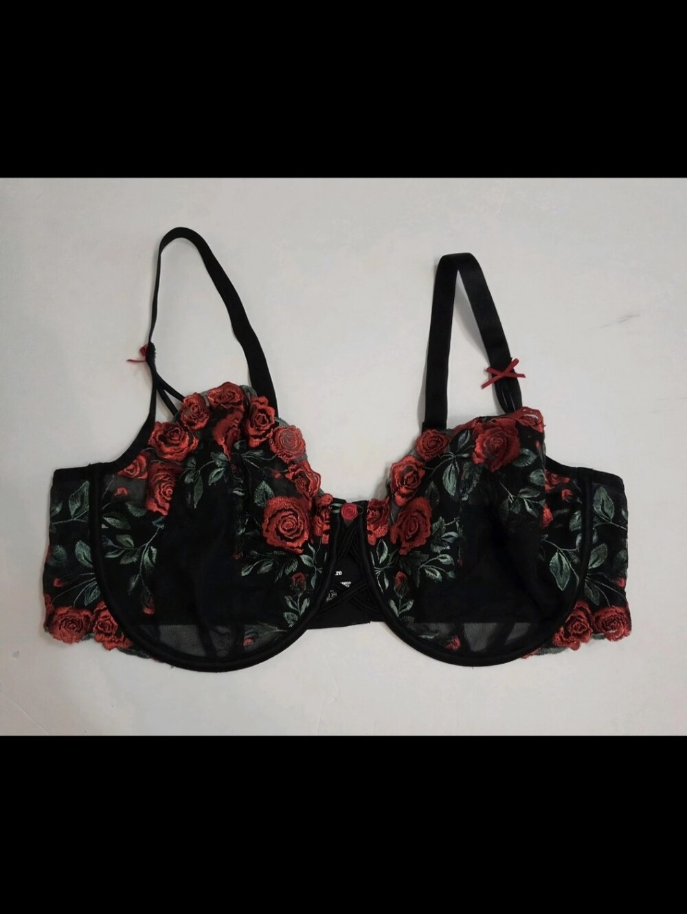 Curvy Couture Bra 42D Black Sheer Underwire  Embroidery